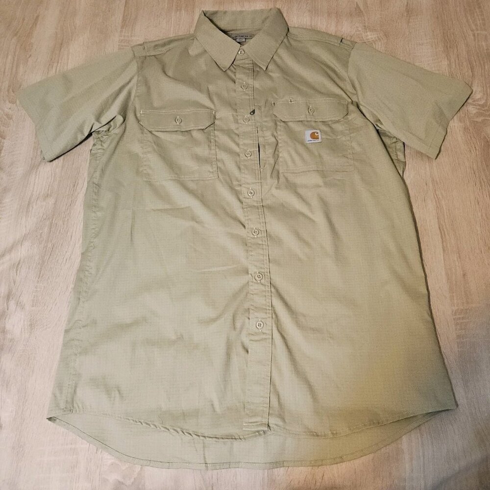 Carhartt Mens Size 2xl Long Khaki Ripstop Button Up Shirt Short Sleeve Vented